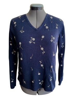 Eddie Bauer Vintage Linen Embroidered Floral V-Neck Sweater Navy Boho Grandma